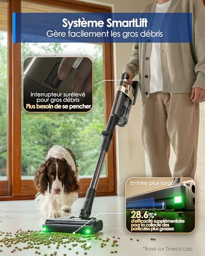 Tineco Pure One A90S Cordless Vacuum Cleaner, 270AW Vacuum, 105 Min Autonomy, 3DSense Master Brush, 150° Green LED Light, 180° Foldable, Suitable for Pet Hair/Carpet/Hard Floors