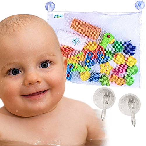 Extra Large Bath Toy Organizer | 2 Super Strong Suction Cups + 2 Free Hooks | Toy Mesh Organizer | BPA free | Machine Wash Safe | Holds On Any Wall | Smiley Cuddle