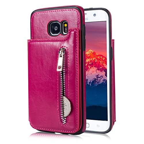 For Samsung Galaxy S7 Pocket Case, Aearl TPU Bumper Shell Back Magnetic Button Closure Vintage PU Leather Cover Zipper Wallet Purse Card Holder Slot Kickstand Case for Samsung Galaxy S7 - Rose Red