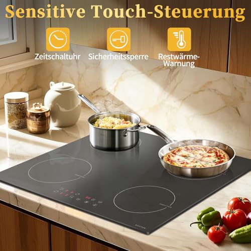 NOXTON Induction Hob 60 cm with Plug, 4 Plates with 3500 W, Self-sufficient Installation Induction Hob, Touch, 9 Heat Settings, 1-99 Min Timer, Child Lock, Automatic Shut-Off