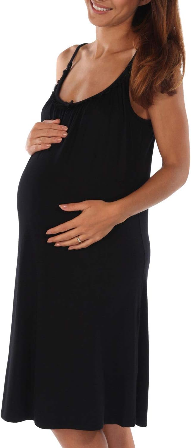 Lace Trim Stappy Womens Maternity Nursing Breastfeeding Nightie - Black - EOM173