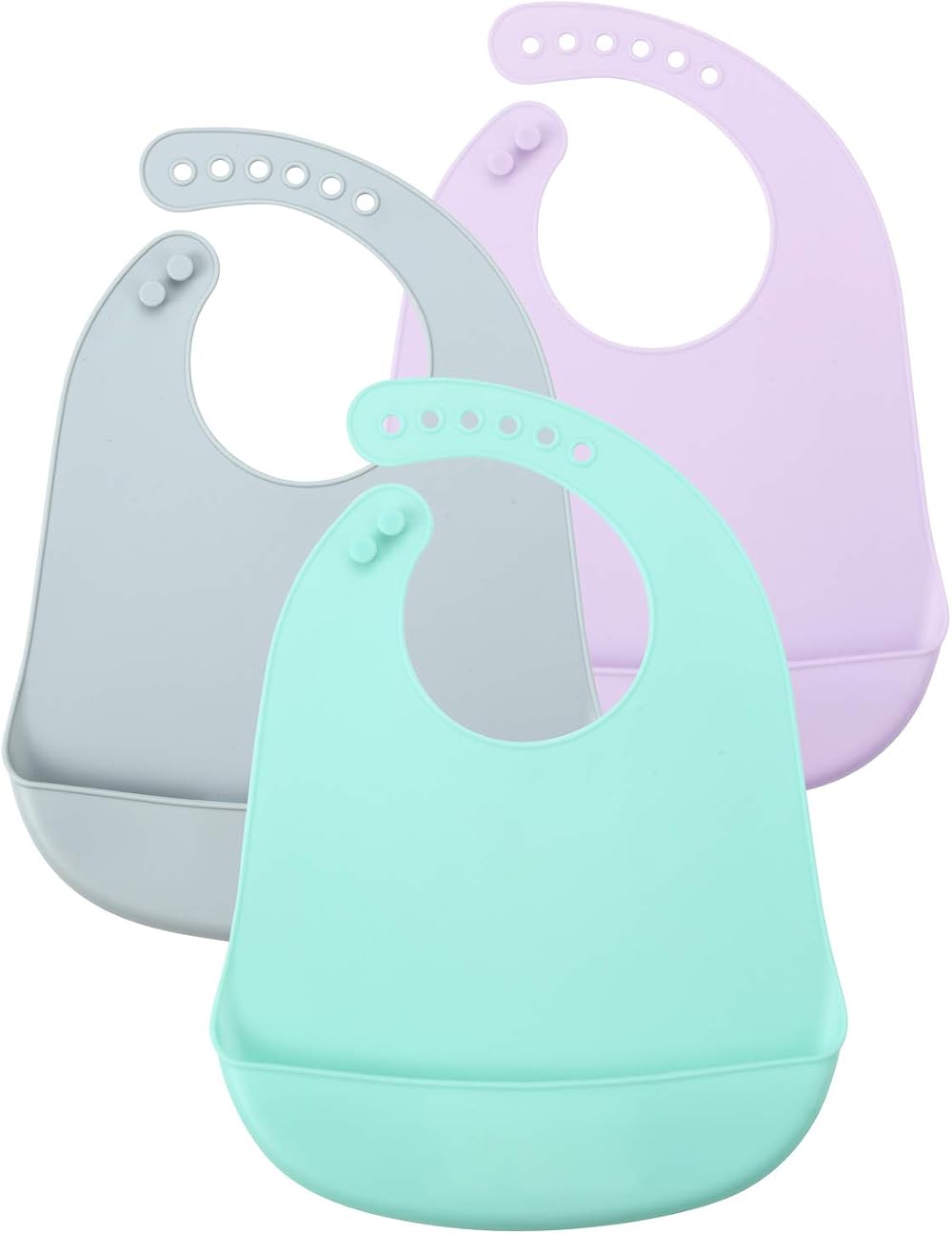 PandaEar Set of 3 Silicone Baby Bibs Blue Purple Grey 10-72 months
