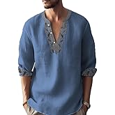 Mens Henley Shirts Summer Casual Button Banded Collar T Shirts Vintage Long Sleeve Cotton Linen Beach Pullover Tops