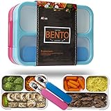 Leakproof Bento Lunch Box Container For Kids and Adults. Leakproof Containers with 3 compartments. 2 Sets of Stainless Steel Spoons and Forks with Travel Cases. Food Prep Meal Container. Blue and Pink