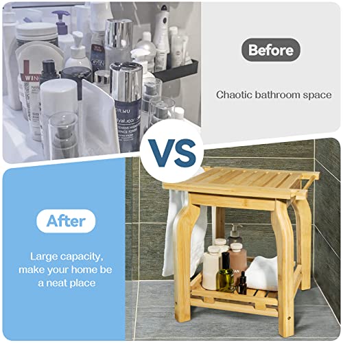 2Tier Bamboo Shower Bench for Inside Shower Shaving Legs, 16 Inch