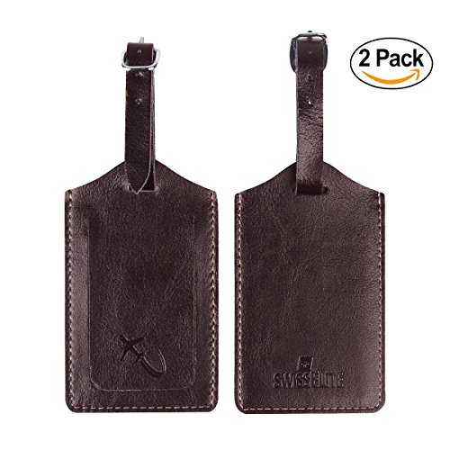SwissElite Genuine Leather Luggage Tags & Bag Tags 2 pieces Set in 5 Color (Coffee)