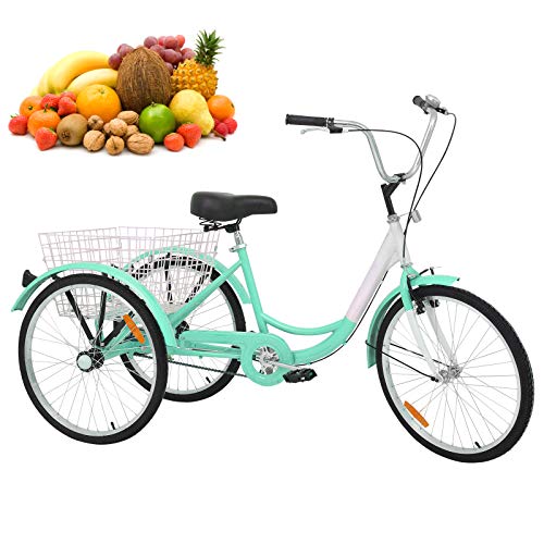 H&ZT Single Speed Adult Tricycle Trike Cruiser Bike 3 Wheeled Bicycle w/Large Basket and Maintenance Tools, Men’s Women’s Cruiser Bicycles, 24 Inch Wheel Size Bike Trike (Green, Single Speed)