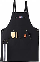 Darbermu Black Cotton Chef Apron Men Women 4 Pocket Adjustable Strap Cooking view 1