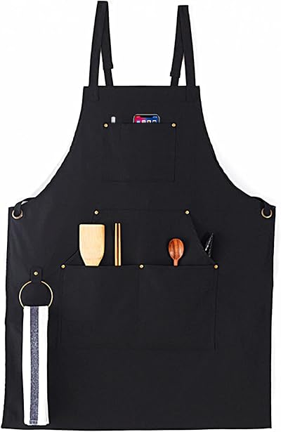 Darbermu Black Cotton Chef Apron Men Women 4 Pocket Adjustable Strap Cooking