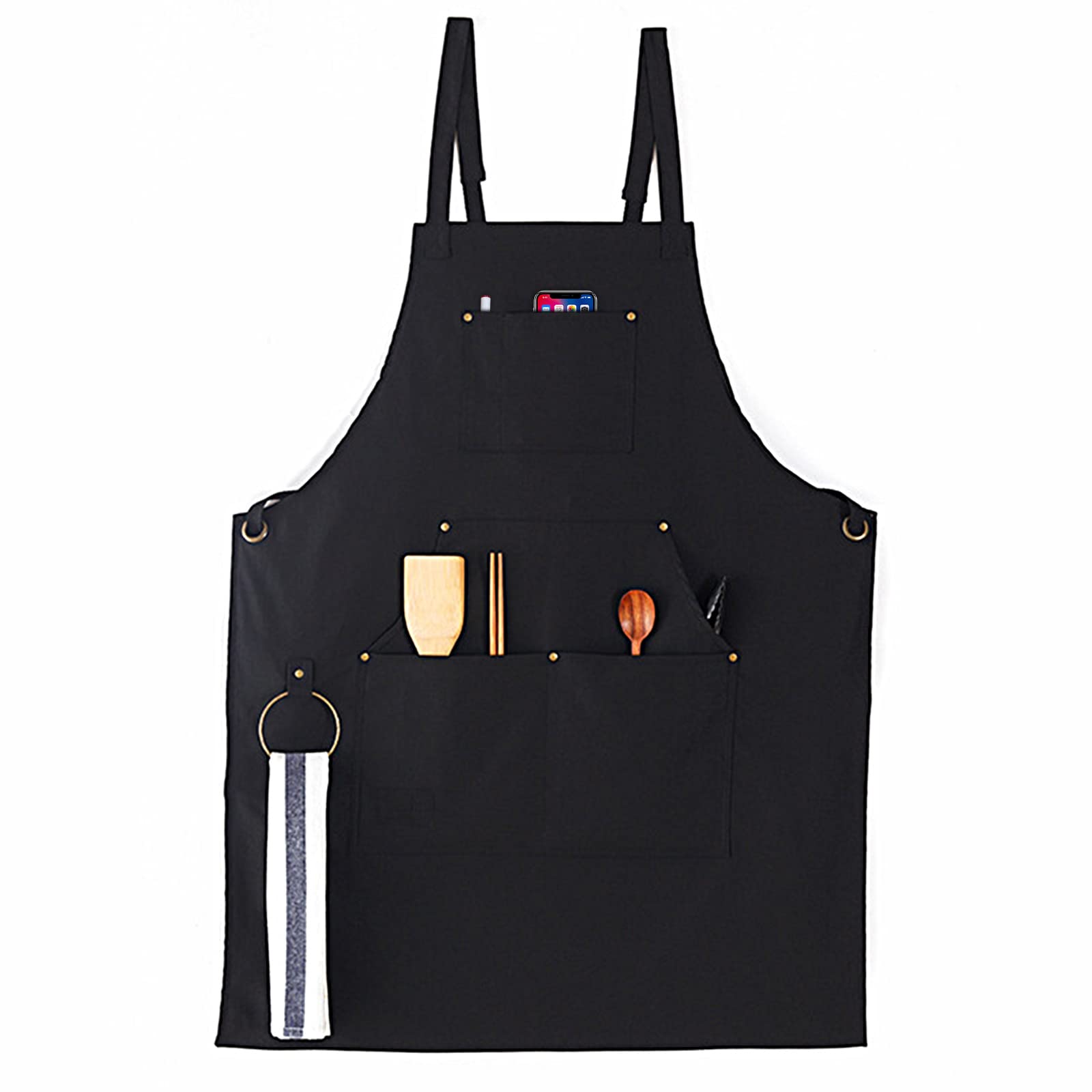 Black Cotton Aprons for Men & Women - 4 Pocket, Adjustable Strap Chef Apron for Cooking, Baking, BBQ, Cafe, Gardening