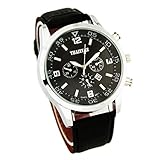 THAITIME TM Quartz Business Men's Military Auto Date Leather Waterproof Watches Black Belt Black Dial
