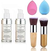 2pcs TLM Color Changing Foundation Liquid with 2 Brushes and 2 Cosmetics Sponge Flawless Full Coverage Natural Color Face Primer Base Makeup 30ml