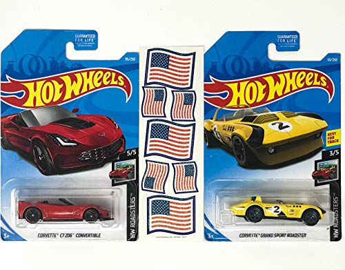 HW Corvette Hot Rods Red & Yellow Convertible Vehicle Bundle Plus American Flag Stickers