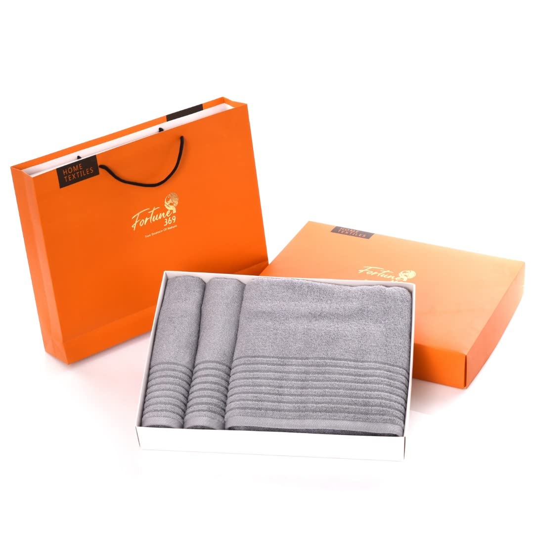 Fortune 369 Bamboo Towels for Bathroom | Luxury Bathroom Towel Set of 3 Soft Reusable Bath and Hand Towels with Gift bag (Grey, Bamboo cotton)