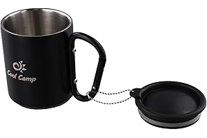 Camping Carabiner Mug with Lid, Stainless Steel Water Cup for Hiking, Double Wall Insulated 300ml Coffee Mug with Non-Slip Ba