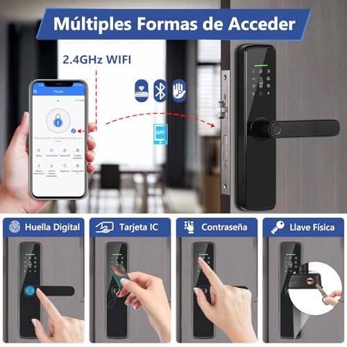 LOKOOY Cerradura Inteligente L2 WIFI, Alarma Anti-forzamiento, 6 Métodos de Apertura, WIFI/App/TT LOCK App Bluetooth/Huella Digital/Tarjeta IC, Negro