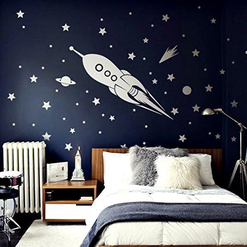 Designer Playground Space Rocket With A Handful Of Stars, Comet, Planet And Moon Vinyl Wall Decal W037 - White