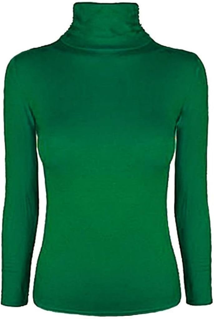 Womens Plain Turtle Neck Jumper Top Womens Full Sleeve Stretch Polo Neck Top(Jade Green Polo