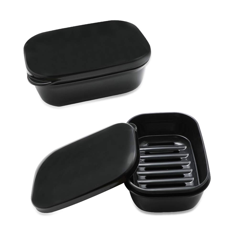 TANCANO Soap Dish (2 Pack), Plastic, Black, Rectangular Soap-dishes, Soap Holder with Separate Rack, Waterproof, Leakage Proof, Ideal for Traveling, Camping, Home Use