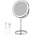 AMZNEVO Rechargeable 8'' Lighted Makeup Mirror, 10X Magnifying Vanity Mirror with 3 Color LED Lights, Double-Sided Cosmetic Mirror Battery Powered, Touch Button Adjust Brightness
