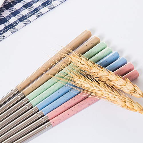 4 Pairs of Stainless Steel Wheat Straw Chopsticks Set,Environmental Reusable Heat Resistant Stainless Steel Wheat Straw Handle Traditional Chinese Chopsticks