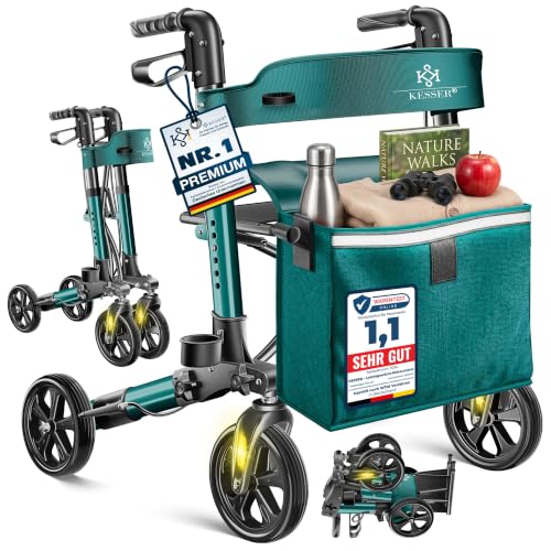 KESSER Leichtgewicht Rollator faltbar mit Sitz, Griff, Tasche, schmal für Senioren Wohnung, Klappbar, Höhenverstellbar, Reflektoren | All Gelände Reif