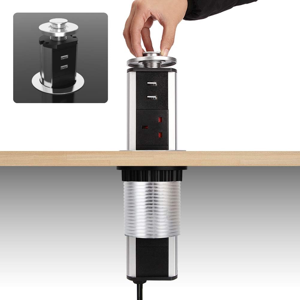 Kitchen Pull Pop Up Sockets for Worktop Desktop with 3 Power Sockets Plug 2 USB Ports - Chrome Effect - Image 3