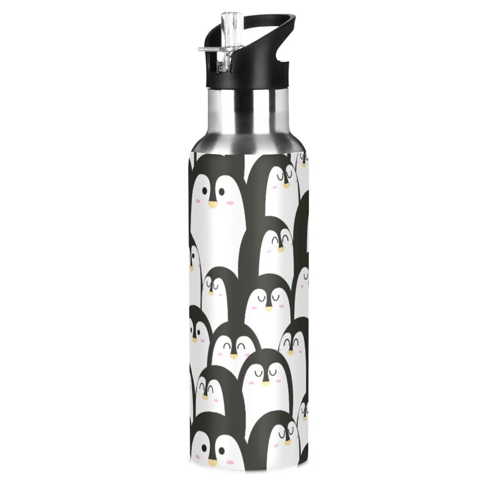 Penguin Black White Water Bottle Drink Flask with Straw Lid Leakproof Insulated Stainless Steel Thermos Bottle for Boys Girls Gym Sports 600 ml