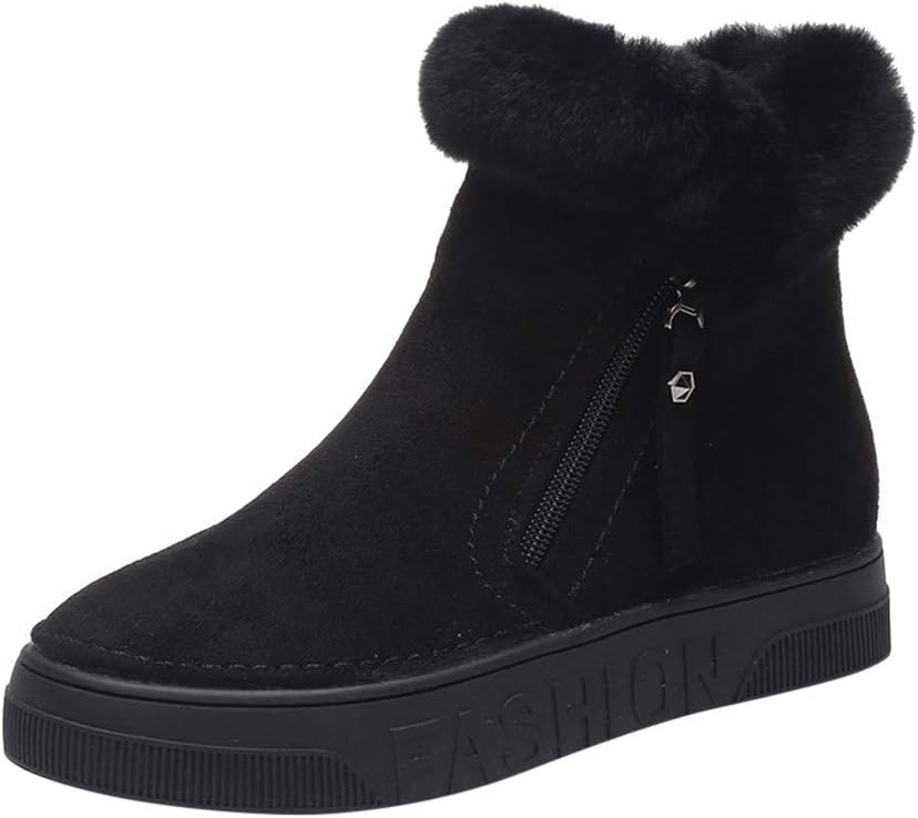 Women Winter Warm Casual Flat with Zipper Round Toe Short-Plush Ankle Snow Boots by Qinpin
