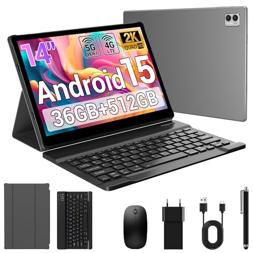 MIVASOLO Tablet 14 Pollici Android 15 Tablet 5G WiFi,Octa-Core 2.0Ghz,36GB RAM+512GB ROM/11580mAh/Face Unlock/OTG/GPS-Tablets in Offerta con Tastiera e Mouse,Grigio