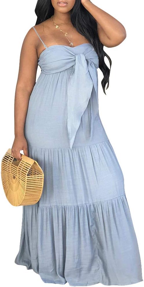 Salimdy Womens Spaghetti Strap Maxi Dress - Tie Front Pleated Backless Loose Swing Long Dresses