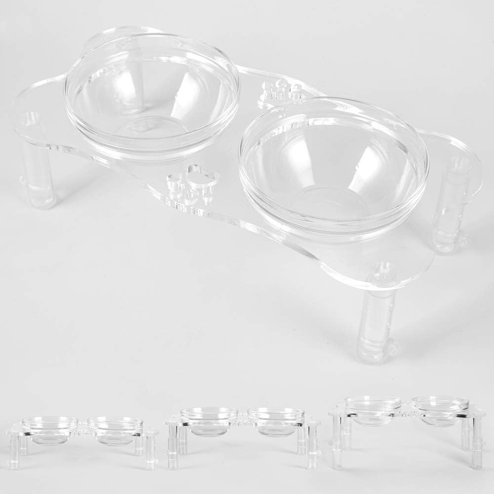 Adjustable Raised Pet Bowls - Elevated Pet Bowl Clear Acrylic Feeder Stand with 2 Set Removable Stainless Steel and Glass Bowls,Height Available in 4