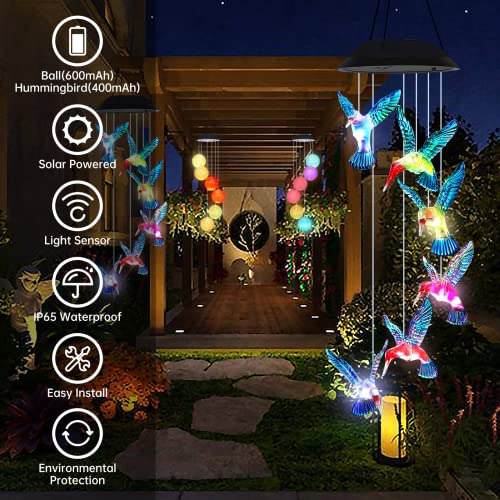 Hummingbird Solar Wind Chimes,2PC LED Memorial Wind Chimes,31Inch Solar Hummingbird and Crystal Ball Wind Chimes with Color Changing Lights, Best Gifts for Family, Garden/Patio Decor (Multicolor)