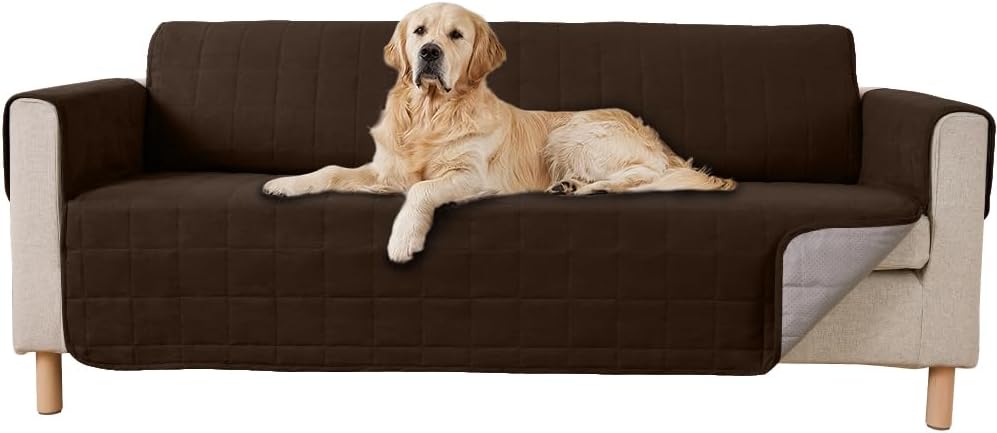 Slipcovers - Gorilla Grip Patented Waterproof Slip-Resistant 70” Sofa Protector Cover, for Leather or Fabric Couch Cushion, Large Microsuede Furniture Covers Dogs Pets Machine Washable Slipcover, Brown