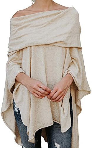 QuneusHot Off Shoulder Ruffle Batwing Jumper Irregular Hem Blouse Smocked Top Poncho Cape
