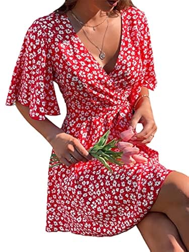 SheIn Women's Floral Tie Front Ruffle Mini Dress V Neck Short Sleeve A Line  Flare Dresses Red Ditsy Floral Lar