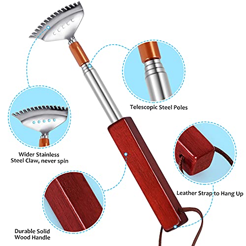 Azymi Back Scratcher Long Extendable, Stainless Steel Back Scratcher with Wood Handle/ Wide Rake