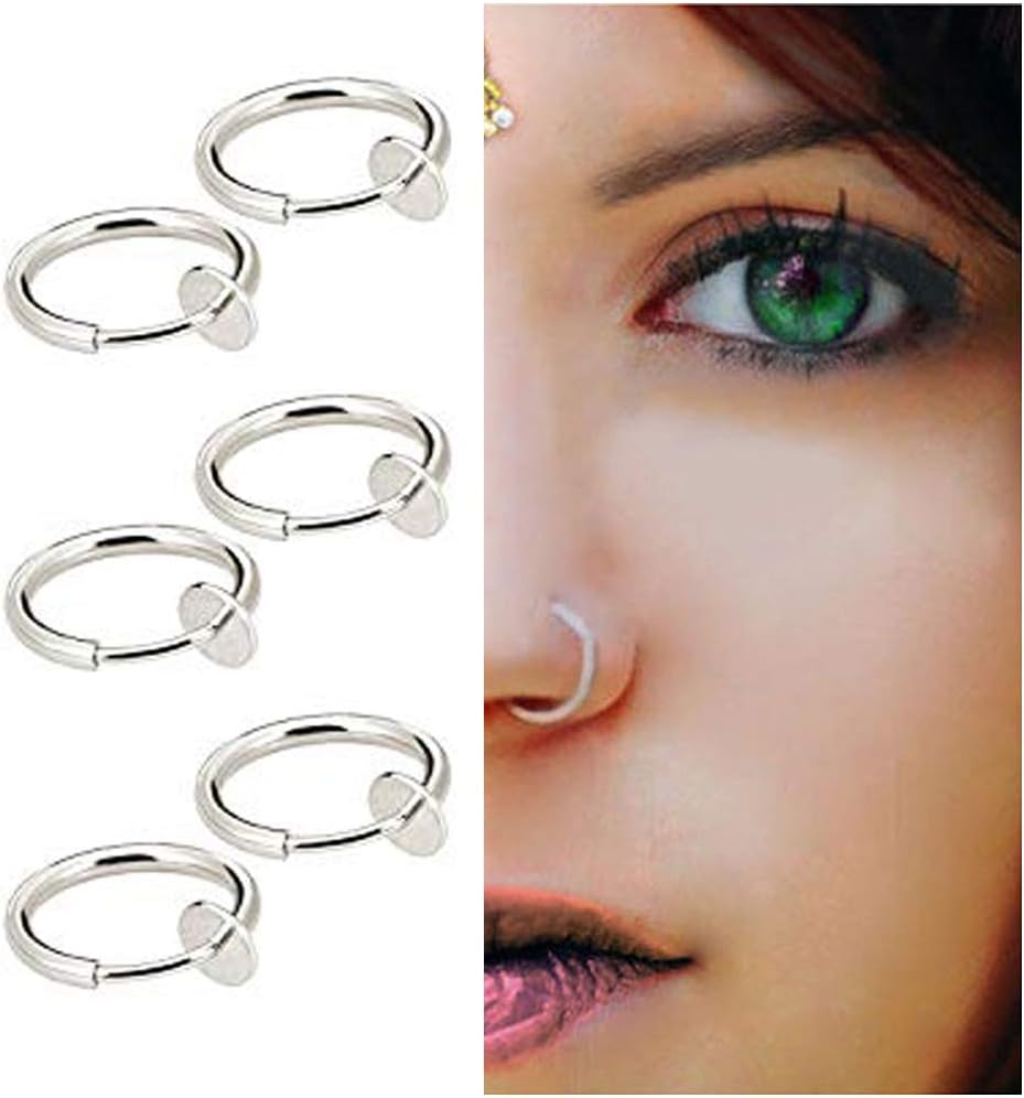 Pesly 3 Pair Retractable Earrings-No Need Piercing, Fake Nose Ring Hoop Clip on Earrings Fake Septum Non Piercing Spring Hoop Earrings Lip Ring Fake Cartilage Earrings Unisex