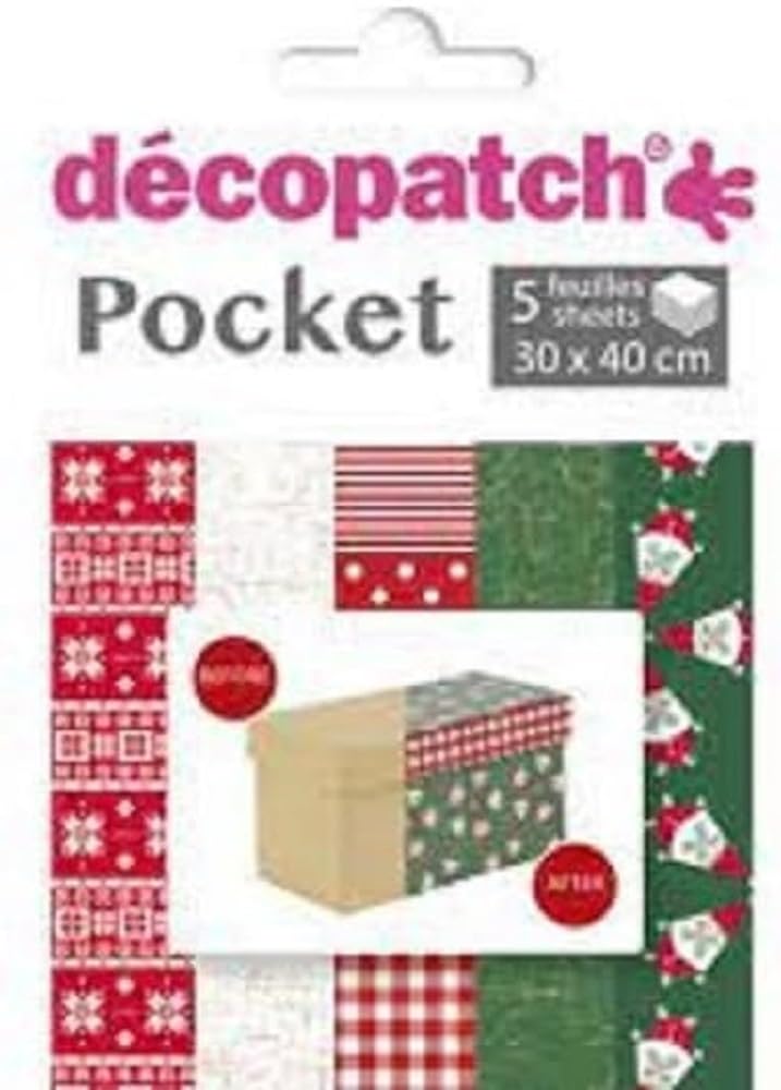 Décopatch DP024C - A Pouch of 5 sheets of Décopatch Paper, Printed Paper, 30x40 cm, asortis motifs, Christmas - Customisable Décor - Completely Personalise, Pocket Papers No24