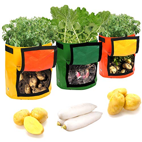 Becko 3-Pack 8 Gallon Plant Grow Bag/Plant Pot Potato Grow Bags, with Breathing Pores, Drainage Holes, Flip-Over Window Design