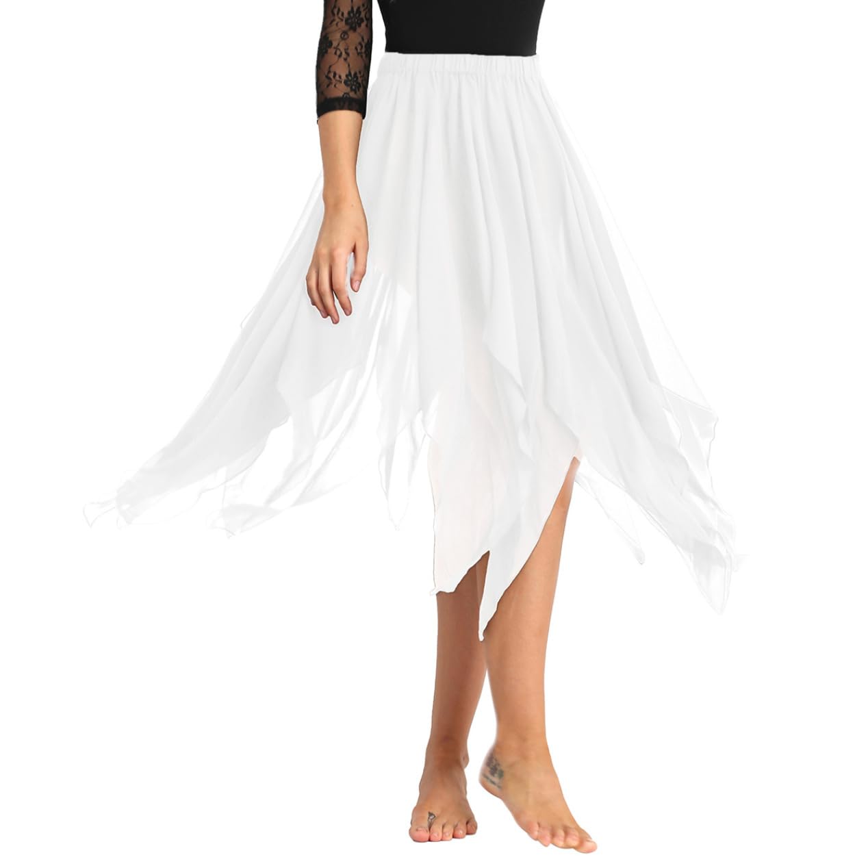 inlzdz Womens Chiffon Fairy Fancy Skirt Asymmetric Side Split Ballet Belly Dance Skirt Dancewear White One_Size