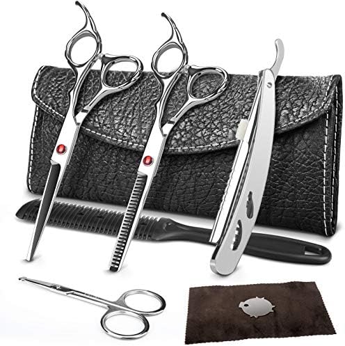 Hair Scissors Hair-cutting shears Professional Hairdresser Barber Scissors Set 2Pcs Thinning Scissors 6" with Stainless Steel Razor +Nose Hair Scissors