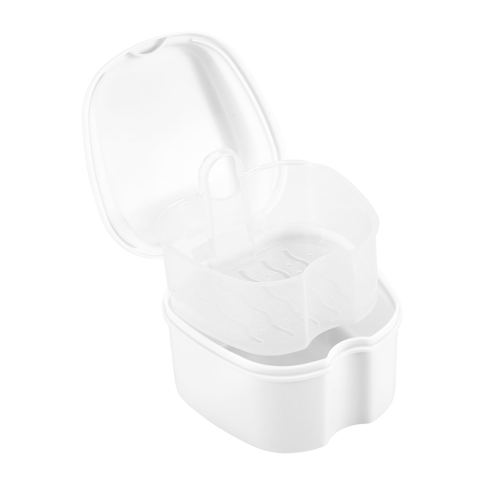 Denture Box with Removable Filter Basket, False Teeth Container for Teeth Cleaning, Portable Denture Case with Lids for Storing Soaking Retainers (White)