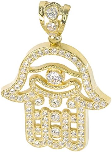 IcedJewels 6.74 cttw CZ 14K Yellow Gold Hamsa Evil Eye Philosophical Hand Khamsa Micro Pave Extra Large Necklace Pendant
