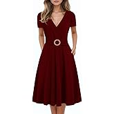 Summer Dresses for Women 2026 Elegant V Neck Short Sleeve Casual Cross Knee Length Dress Tea Party with Pockets D980