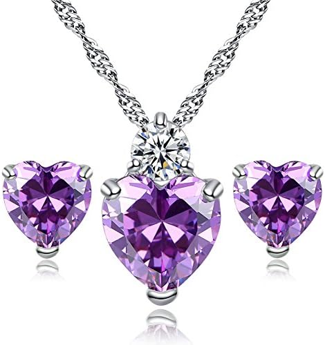 WuWxiuzhzhuo Hot Lady Shiny Cubic Zirconia Love Heart Pendant Necklace Stud Earrings Jewelry Set Purple