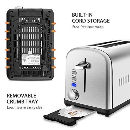2 Slice Toaster, Stainless Steel Toasters Cool Touch with Extra-Wide Slots, Defrost/Reheat/Cancel Function, 7 Browning Dials and Removable Crumb Tray (Silver)
