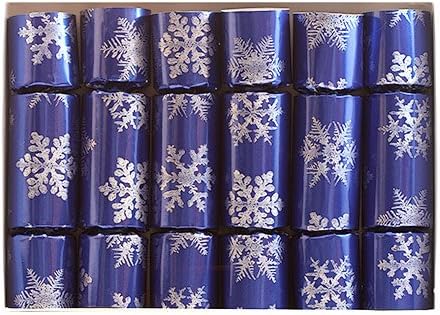 Blue Snowflake English Christmas Crackers, set of six 10 inch holiday party crackers with tissue crown, motto, and wine glass charm enclosed