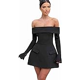 Wirunsy Women's Long Sleeve Short Prom Dress Ruched Satin Off Shoulder Mini Cocktail Party Dresses