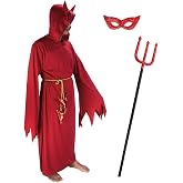 Adult Red Devil Hooded Robe Halloween Costume with Pitchfork &amp; Eye Mask | Includes Rope Belt and Demon Accessories for Cosplay, Vampire, Masquerade, Carnival, Gothic Party and Stage Performance